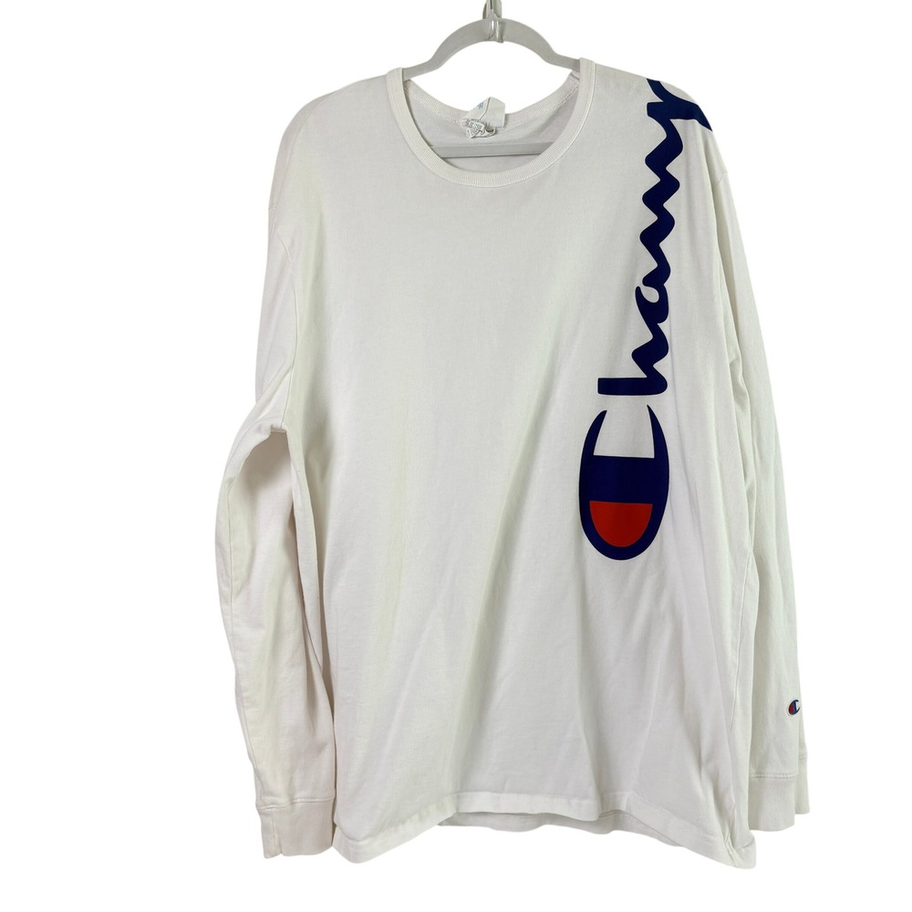 Champion Long Sleeve T-Shirt Mens 2XL White Vertical Script Logo Crewneck Tee